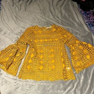 Mustard Yellow Lace Bell Sleeve Shirt Blouse
